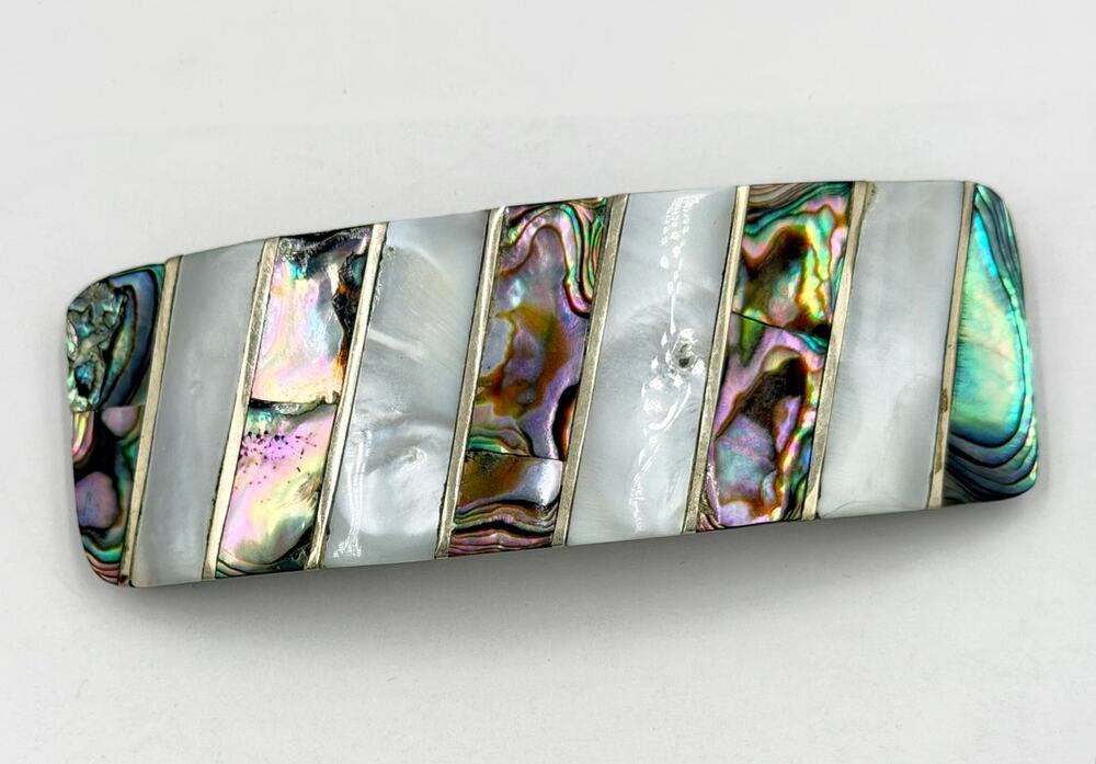 Vintage Alpaca Silver Hair Barrette Abalone and Mother of Pearl Inlay 4"